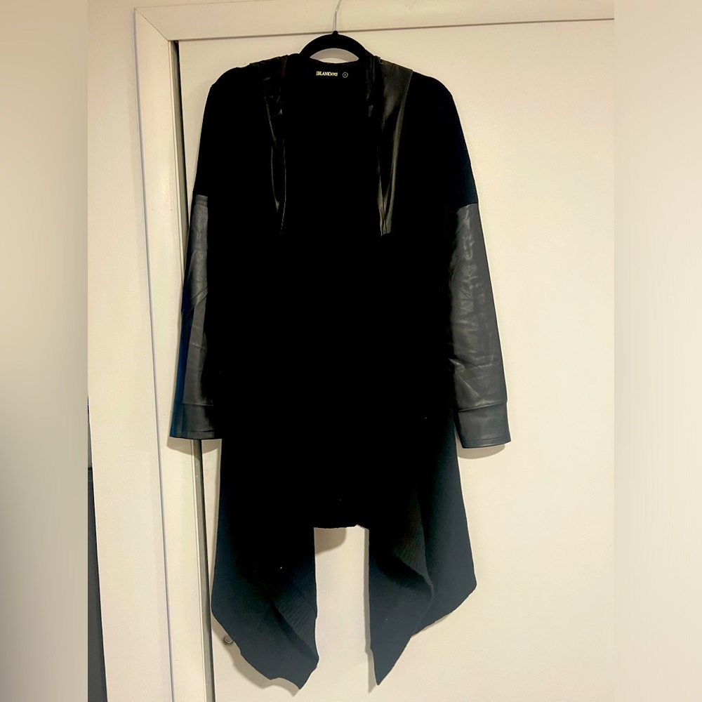 Blank NYC open hooded sweater w/ faux leather hood and sleeves